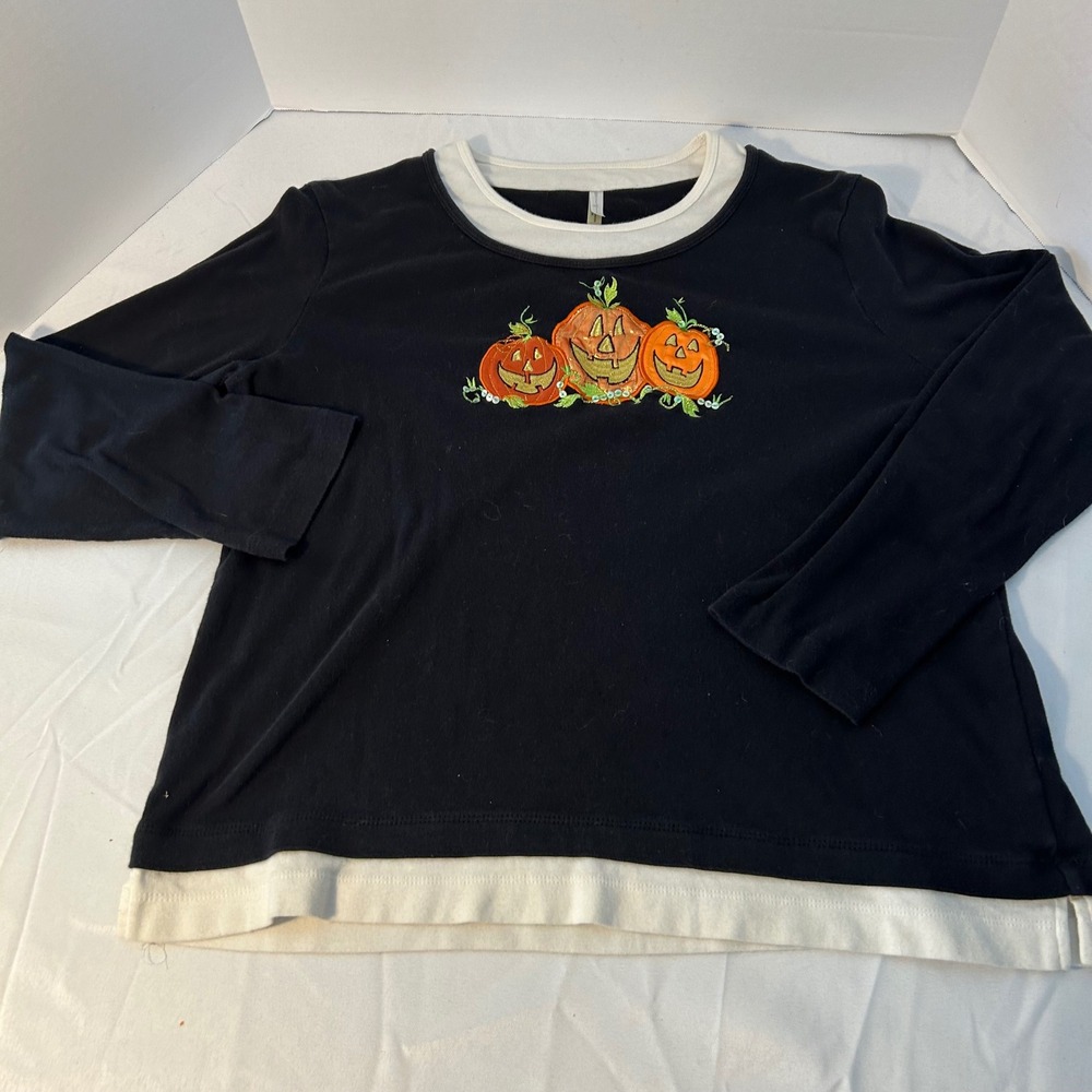 White Stag XL Black Halloween Pumpkin Embroidered‎ Long Sleeve Top